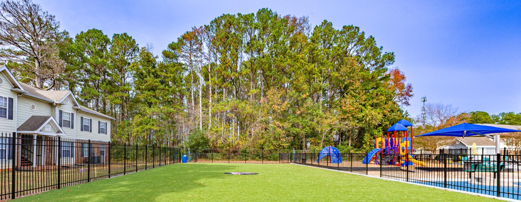 a grassy area with trees in the background